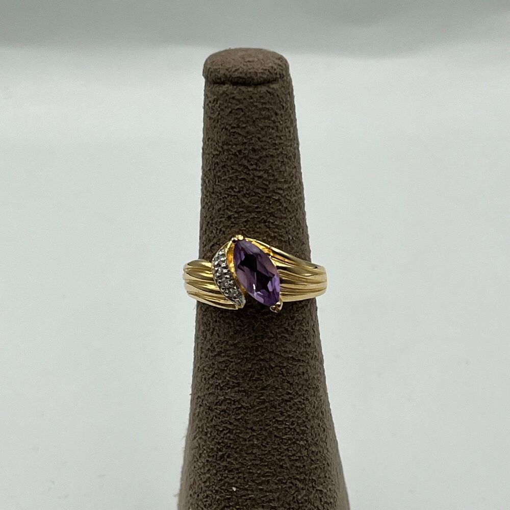 925 sterling silver Vintage Victorian purple glass art deco gold tone ring